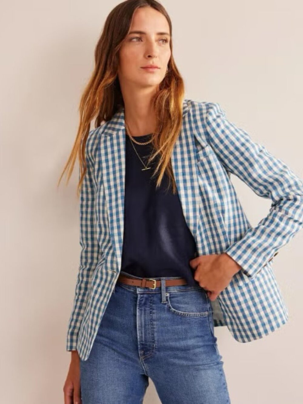 BODEN Cambridge Linen Blazer in Blue Gingham